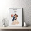 Framed wedding couple cross stitch pattern with personalized names and date, elegant romantic keepsake embroidery design