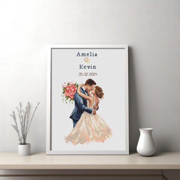 Framed wedding couple cross stitch pattern with personalized names and date, elegant romantic keepsake embroidery design