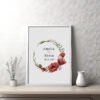 10 Framed poppy wedding wreath cross stitch pattern with personalized couple names and date, elegant red floral keepsake embroidery design