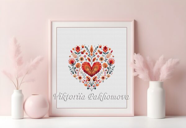 Framed Floral heart cross stitch pattern