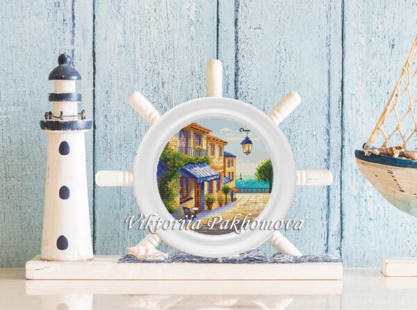 Mediterranean coastal village with flowers and sea view, PDF design by Viktoriia Pakhomova