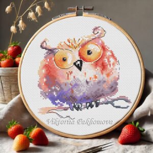 Stitch a vibrant orange owl with expressive eyes and artistic shading. A whimsical colorful cross stitch pattern. Instant PDF digital download.