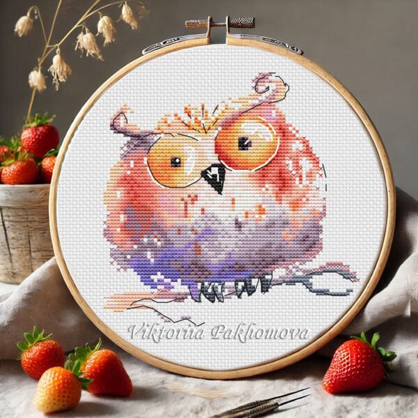 108 Stitch a vibrant orange owl with expressive eyes and artistic shading. A whimsical colorful cross stitch pattern. Instant PDF digital download.