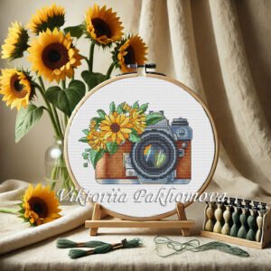 109 sunflower camera cross stitch embroidery in a hoop