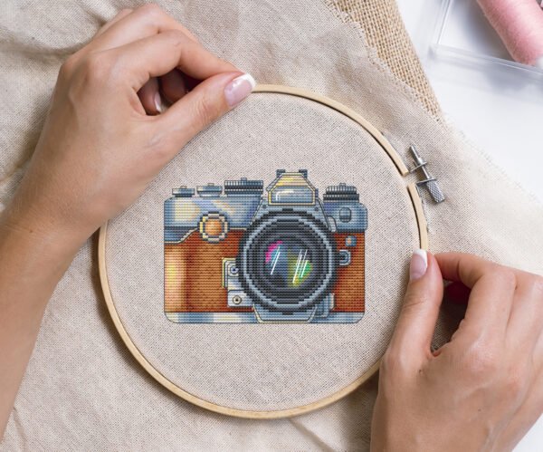 vintage camera cross stitch embroidery