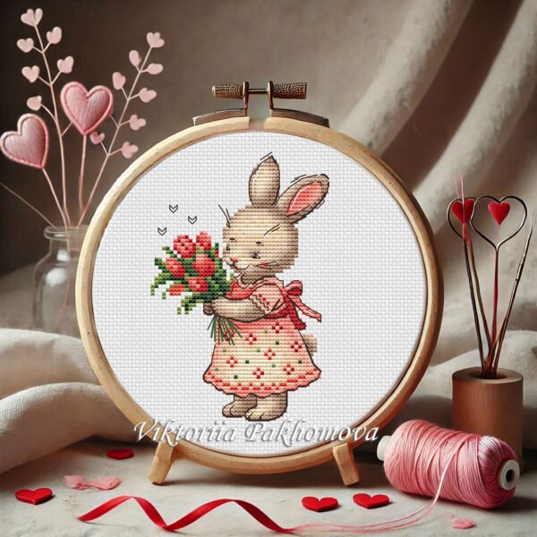 Spring bunny girl needlepoint chart in embroidery hoop