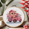 Baby owl cross stitch pattern with pink truck and flowers, colorful nursery embroidery by Viktoriia Pakhomova