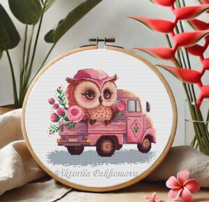 Baby owl cross stitch pattern with pink truck and flowers, colorful nursery embroidery by Viktoriia Pakhomova