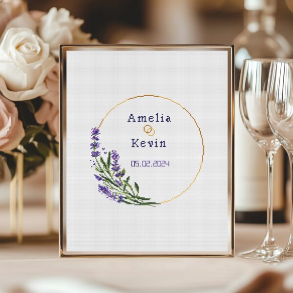 12 Lavender Wedding Wreath Cross Stitch Pattern β Custom Keepsake Embroidery Gift for Couple (PDF)