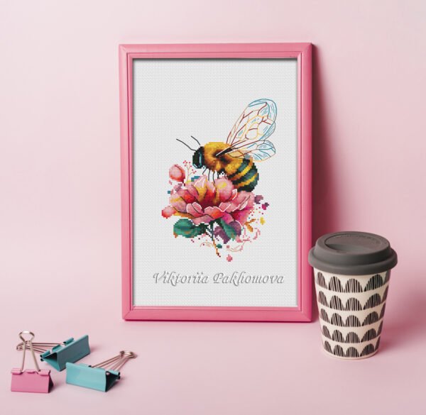 Peony and bee cross stitch design stitched framed embroidery