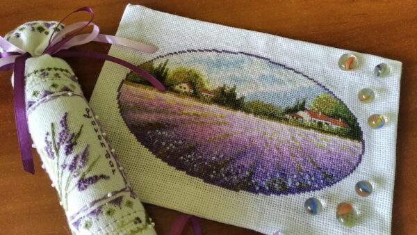 120011242_3261397407263105_230892694255522767_o Lavender landscape cross stitch surrounded by dried flowers, peaceful summer embroidery