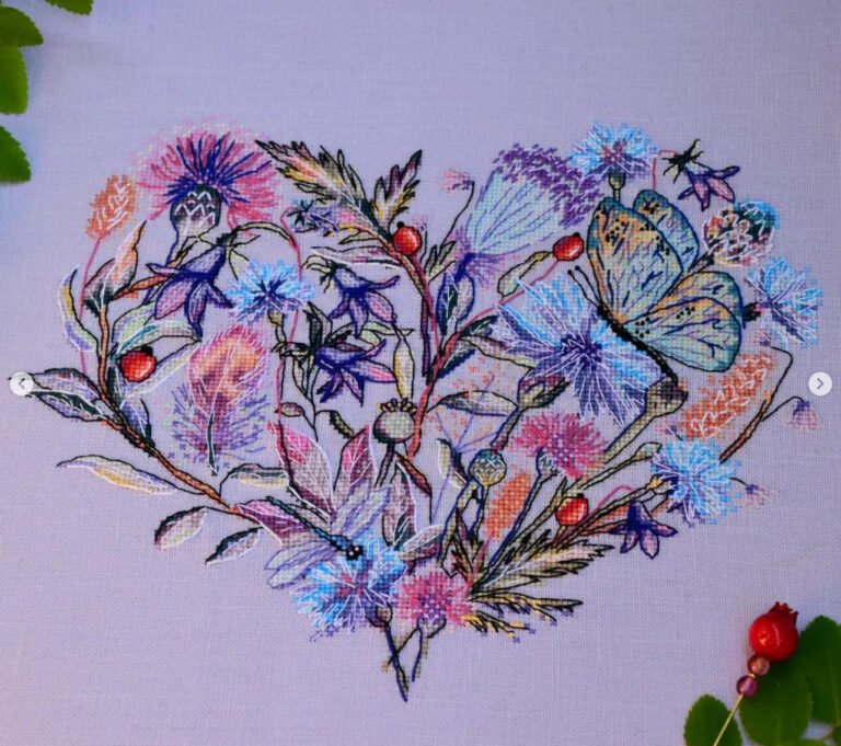 finished embroidery of modern floral cross stitch pattern