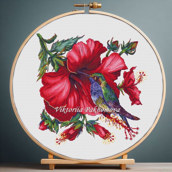125 Hummingbird and hibiscus cross stitch pattern preview