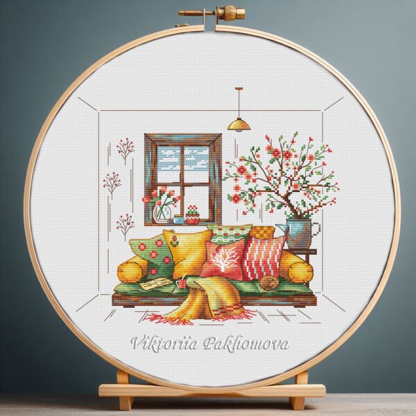 125 Cozy home cross stitch pattern with spring flowers and pillows
