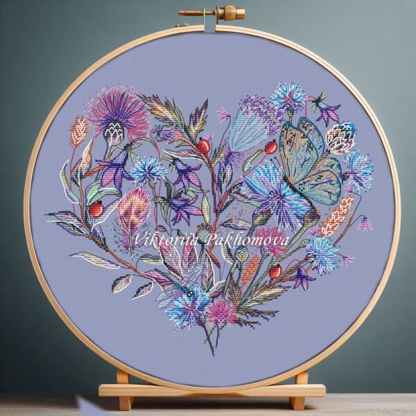 125 Cornflower heart cross stitch pattern with butterflies and dragonfly