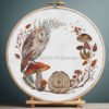 Autumn barn owl cross stitch pattern with mushroom and woodland wreath, detailed fall embroidery by Viktoriia Pakhomova