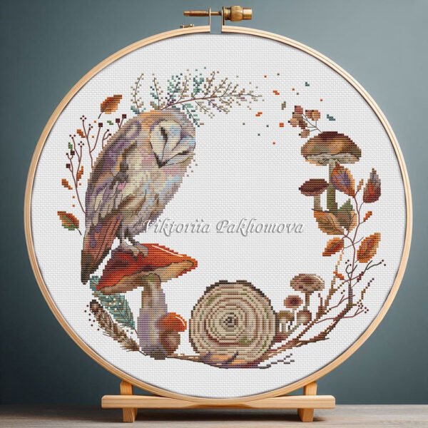 Autumn barn owl cross stitch pattern with mushroom and woodland wreath, detailed fall embroidery by Viktoriia Pakhomova