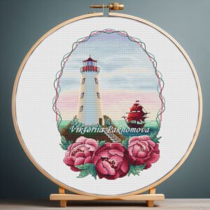 125 Summer lighthouse cross stitch with floral peonies and coastal scenery in embroidery hoop