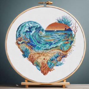 125 heart‑shaped seascape cross stitch pattern with ocean wave and lighthouse
