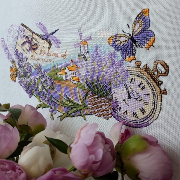 Lavender Fields Cross Stitch Pattern PDF – Summer Floral Landscape with Dragonfly and Butterfly