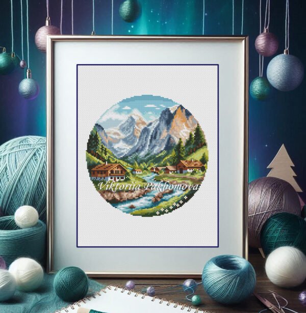 - Swiss mountain landscape embroidery framed