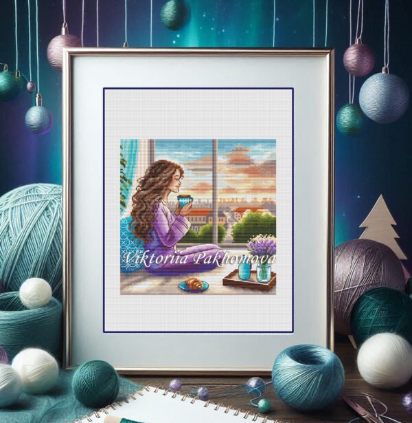 Finished embroidery of girl drinking coffee by window — colorful city landscape design