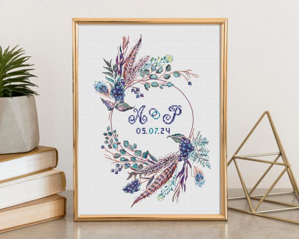 Mock up frame Boho wedding wreath cross stitch pattern with blue florals