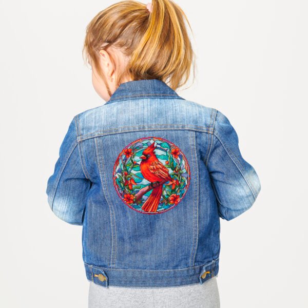 Cardinal stained glass cross stitch pattern denim jacket mockup