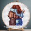 131 Girls hugging cross stitch pattern in embroidery hoop — cozy female design