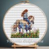 Girl riding a horse cross stitch pattern in embroidery hoop — floral nature desig