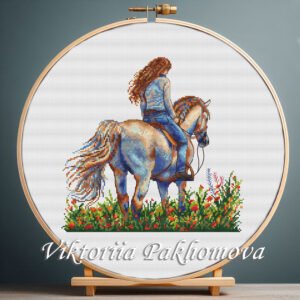 131 Girl riding a horse cross stitch pattern in embroidery hoop — floral nature desig