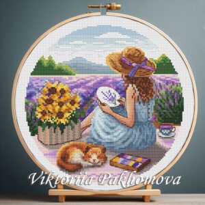 Girl stitching embroidery in lavender field cross stitch pattern — peaceful nature design