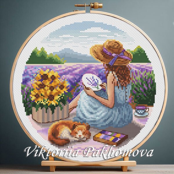 Girl stitching embroidery in lavender field cross stitch pattern — peaceful nature design