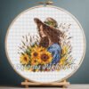 Girl holding sunflower bouquet cross stitch pattern — floral embroidery design