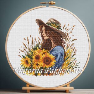 Girl holding sunflower bouquet cross stitch pattern — floral embroidery design