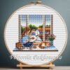 131 Girl embroidering by window with ginger cat cross stitch pattern — cozy home design
