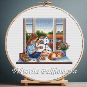 Girl embroidering by window with ginger cat cross stitch pattern — cozy home design