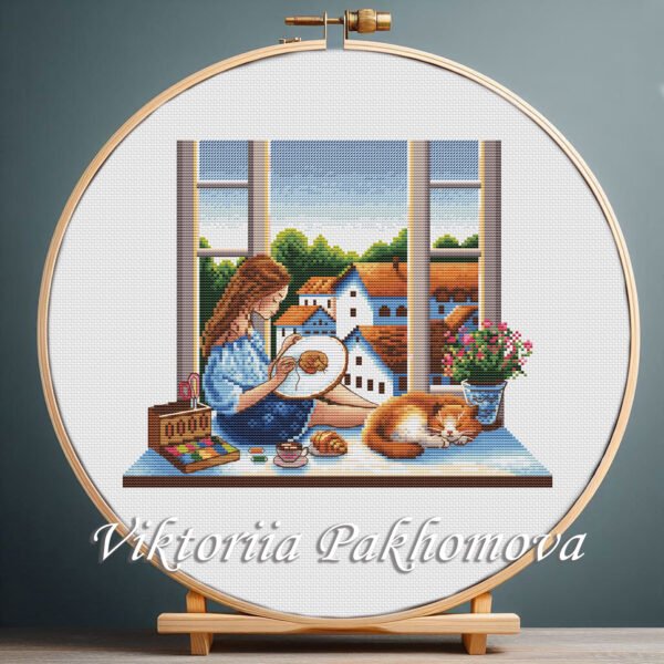 131 Girl embroidering by window with ginger cat cross stitch pattern — cozy home design