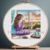 Girl with Morning Coffee Cross Stitch Pattern PDF — Summer City View Embroidery, Cozy Female Needlework Design