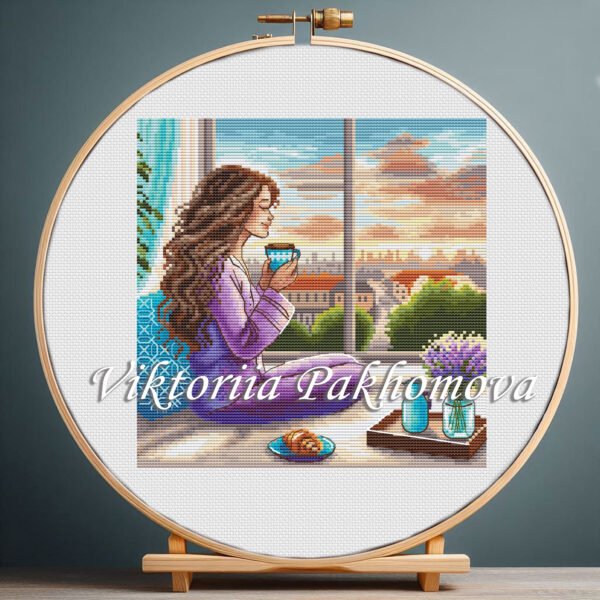 Girl with Morning Coffee Cross Stitch Pattern PDF — Summer City View Embroidery, Cozy Female Needlework Design
