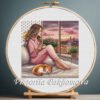 Girl with evening tea cross stitch pattern — sunset city view and ginger cat design