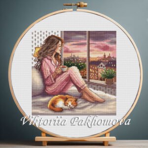 Girl with evening tea cross stitch pattern — sunset city view and ginger cat design