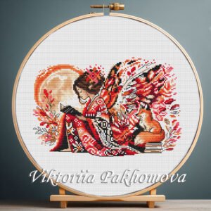 Elf girl reading with fox cross stitch pattern — whimsical woodland fairy design