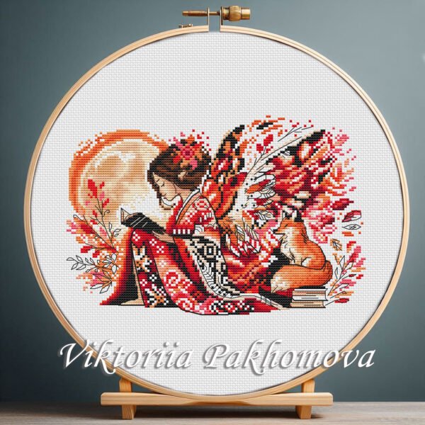 131 Elf girl reading with fox cross stitch pattern — whimsical woodland fairy design