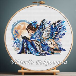 Elf girl with barn owl cross stitch pattern — blue fairy wings and woodland design