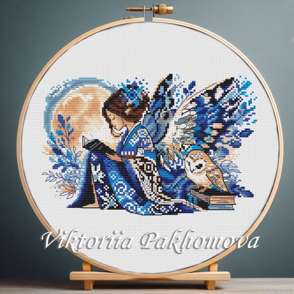 Elf girl with barn owl cross stitch pattern — blue fairy wings and woodland design