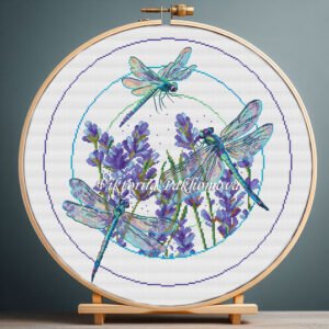 Lavender dragonfly cross stitch pattern in a wooden hoop with purple flowers and colorful dragonflies