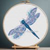 Blue dragonfly cross stitch pattern in hoop – detailed insect embroidery