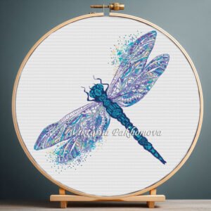Blue dragonfly cross stitch pattern in hoop – detailed insect embroidery