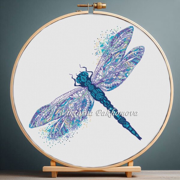 Blue dragonfly cross stitch pattern in hoop – detailed insect embroidery